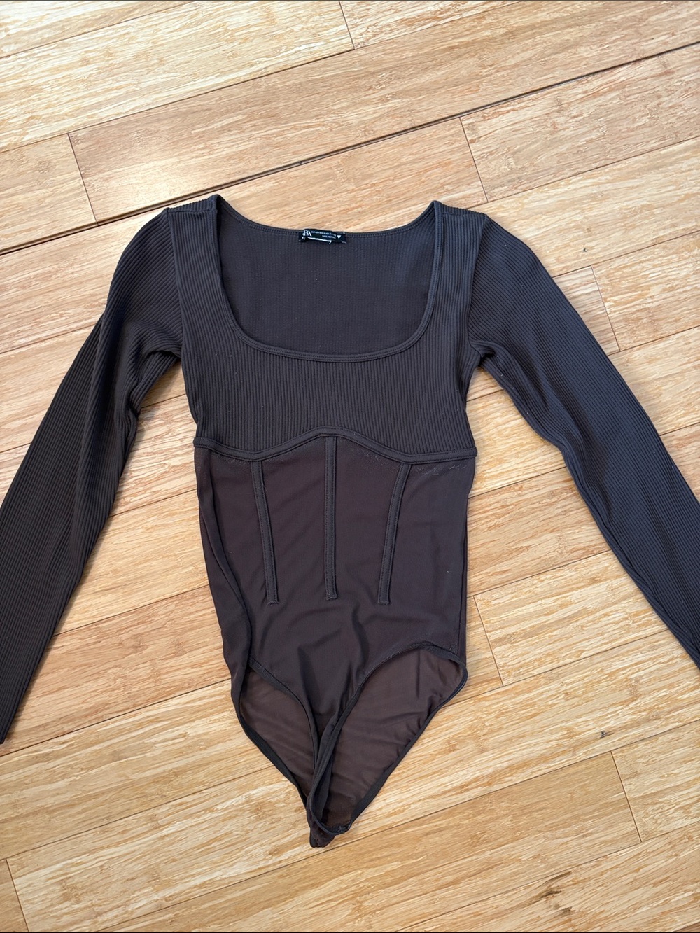 Zara Brown Long Sleeve Ribbed Mesh Bodysuit